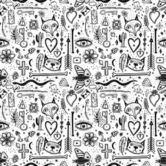 Seamless pattern with magical pattern. Mystical icon hand drawn print. Vector illustration for Halloween.