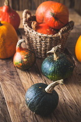 Canvas Print - Pumpkins variety on table. Thanksgiving decoration