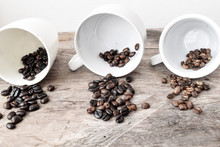 Roasted Coffee Beans Of Three Different Level In Black Bow On Grunge Wooden Background,Coffee Bean 3 Level Roast