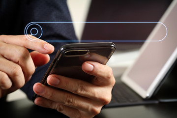 Aufkleber - close up of businessman hand working with smart phone and laptop and digital tablet computer in modern office
