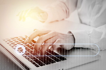 Aufkleber - close up of businessman typing keyboard with laptop computer on white desk in modern office