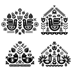 Wall Mural - Folk art pattern collection with four single pattern. Monochrome decorative composition with bird and floral elements. Nordic style. Vector design templates set.