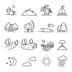 Landscape related icons: thin vector icon set, black and white kit