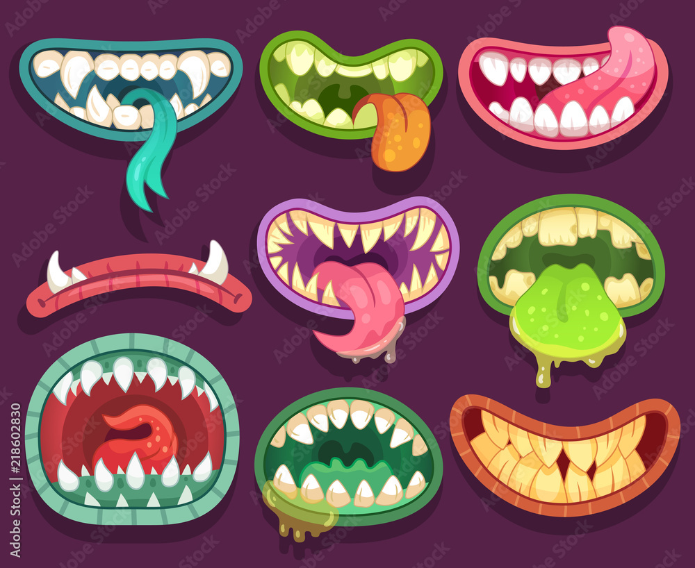 Monsters mouths. Halloween scary monster teeth and tongue in mouth. Funny jaws and crazy maws of bizarre creatures cartoon vector set - obrazy, fototapety, plakaty 