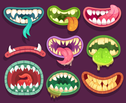 Monsters mouths. Halloween scary monster teeth and tongue in mouth. Funny jaws and crazy maws of bizarre creatures cartoon vector set