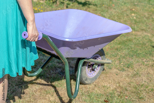 Fotografía Woman shoving a purple wheelbarrow in the garden