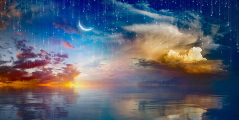 vibrant surreal background - crescent moon rising above serene sea