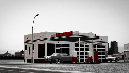 old vintage gas station in the desert with city skyline in the background