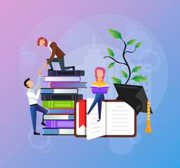Wall Mural - People reading books and get information. Online education training courses specialization class university concept. Vector flat cartoon isolated banner illustration