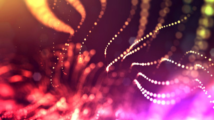 Wall Mural - 3d render of abstract multi-color composition with depth of field and glowing particles in dark with
