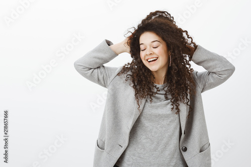 Enjoying Life To Fullest Happy Feminine Dreamy Girl With Curly