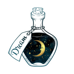 Wall Mural - Hand drawn dream in bottle or wish jar with crescent moon and stars isolated. Sticker, print or tattoo design vector illustration.