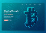 Fototapeta Młodzieżowe - Bitcoin landing page concept. Virtual currency exchange with circuit background. Mining cryptocurrency and finance concept. Landing page banner template. 3D illustration. Eps10 vector