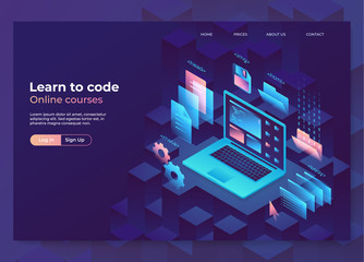 Landing page concept, header for website. Online education illustration, programming and coding process. Isometric laptop with graphic elements. Eps10 vector