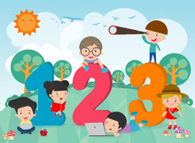 Cartoon Kids With 123 Numbers, Children With Numbers,Vector Illustration