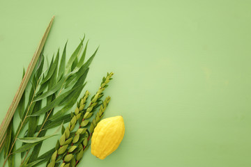 Wall Mural - Jewish festival of Sukkot. Traditional symbols (The four species): Etrog, lulav, hadas, arava.