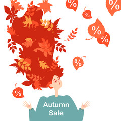 Wall Mural - Symbolic image of the autumn sale. Leaf fall. Illustration of a happy red-haired girl on a white background