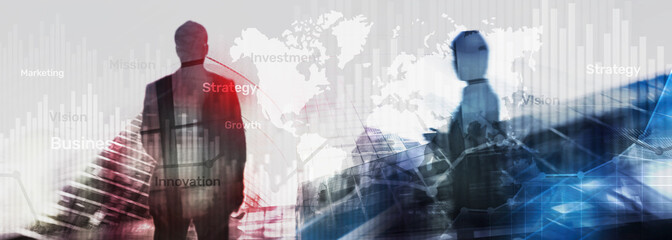 Wall Mural - Business abstract background double exposure graph, chart and diagram. World wide map and. Global business and financial trading concept.