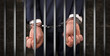 Close convicted man with handcuffs behind grids