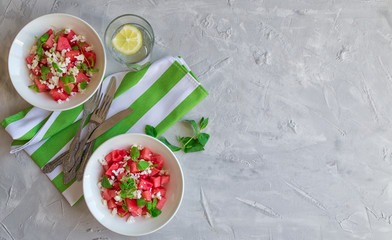 Wall Mural - Salad with watermelon, feta cheese and mint