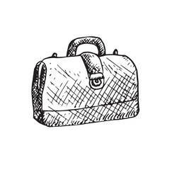 Doctors bag, isolated hand drawn black and white outline doodle, sketch, vector illustration