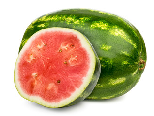 Wall Mural - Ripe watermelon and half close-up. Isolated on a white