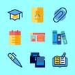 school vector icons set. paperclip, notebook, mortarboard and certificate in this set