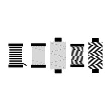 Sewing Threads On Spools Vector Set. Black Isolated On White Background Spool Thread Icons.