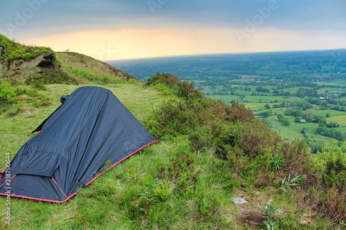 One Man Wild Camping Tent With Amazing Countryside View At Sunset Stock Photo Adobe Stock