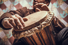 Ethnic Percussion Musical Instrument Jembe And Male Hands