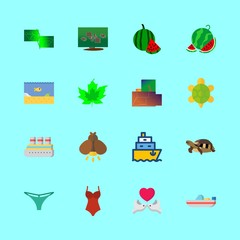 tropical vector icons set. island, swimsuit, watermelon and leaf in this set