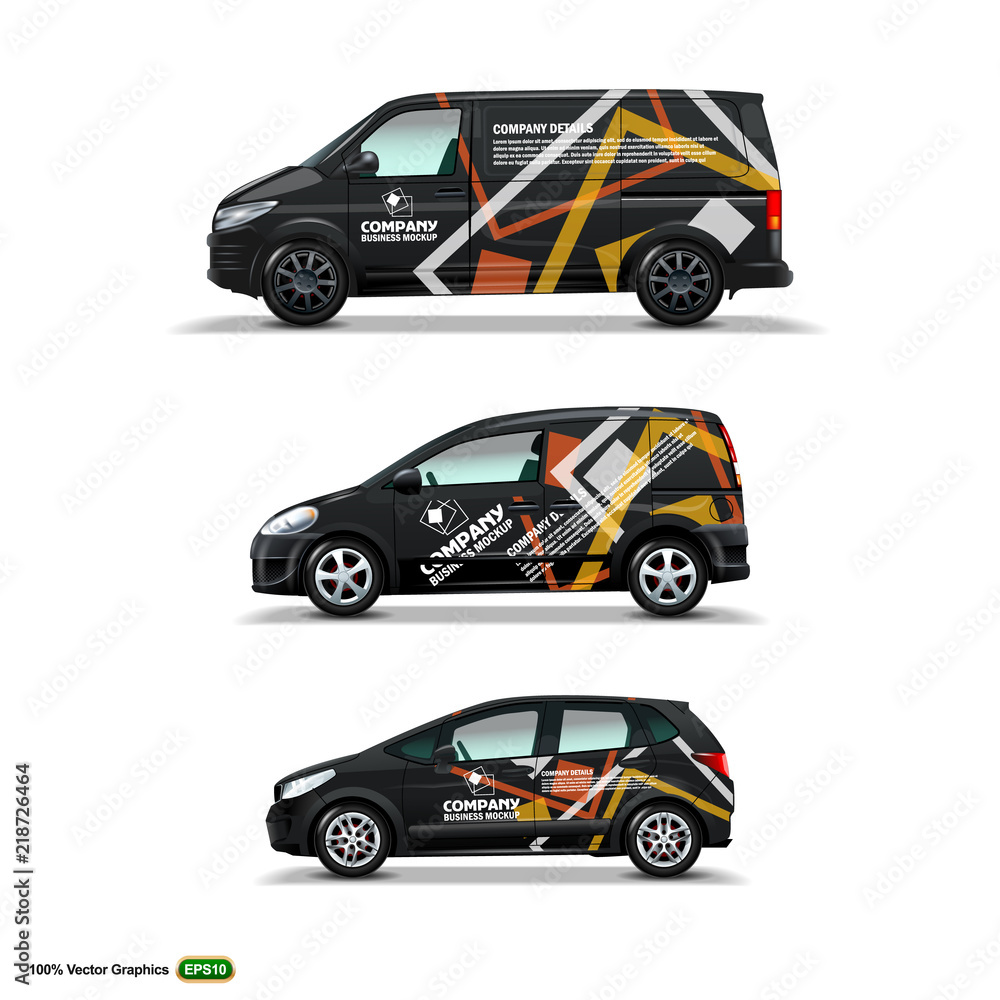 Mocup set with advertisement on Black Car, Cargo Van, and delivery Van. - obrazy, fototapety, plakaty 