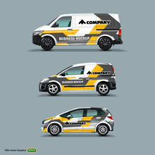 Mocup Set With Advertisement On White Car, Cargo Van, And Delivery Van.