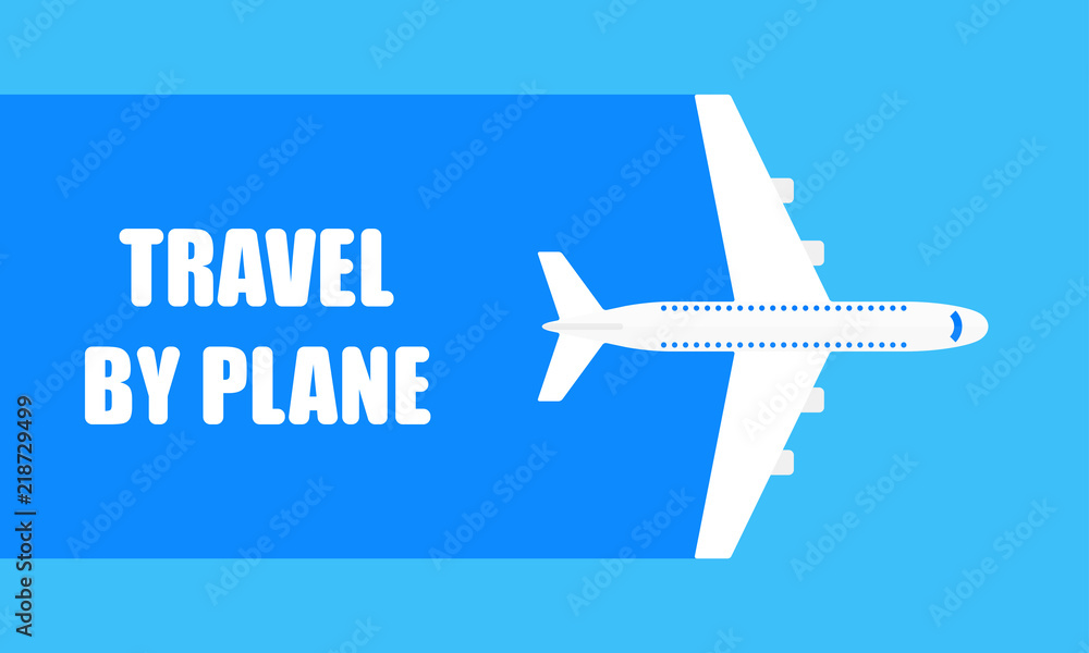 Airplane travel banner. Flying plane in the blue sky. Travel by plane ...