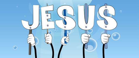 Wall Mural - Diverse hands holding letters of the alphabet created the word Jesus. Vector illustration.