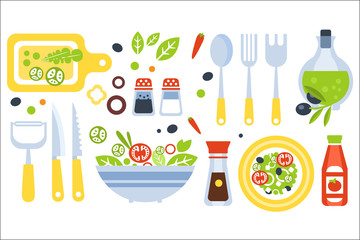 Poster - Salad Preparation Set Of Utensils Illustration. Flat Primitive Graphic Style Collection Of Cooking Items And Vegetables