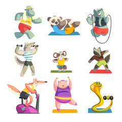 Canvas Print - cute animals wearing uniform doing exercises using sports equipment set, sportive animal characters,