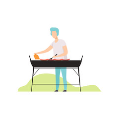 Sticker - Young man cooking barbecue on grill outdoor vector Illustration on a white background