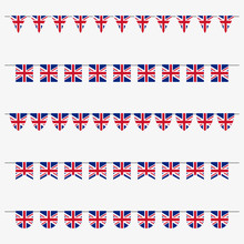 British Bunting Set With UK Flags. Great Britain Flags Garland. Union Jack Decoration For Celebrate, Party Or Festival. Vector Illustration. 