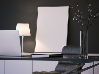 Blank white poster behind the desktop, 3d rendering.