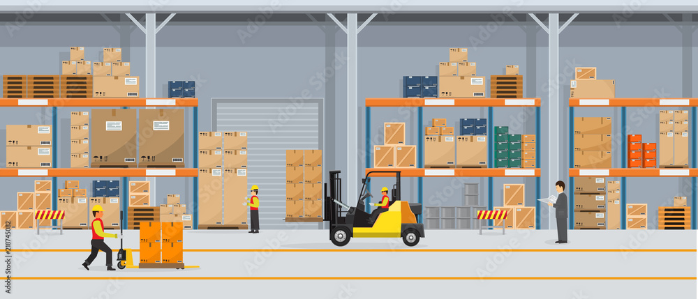 Warehouse Interior with Boxes On Rack And People Working. Flat vector and solid color style Logistic Delivery Service Concept illustration. - obrazy, fototapety, plakaty 