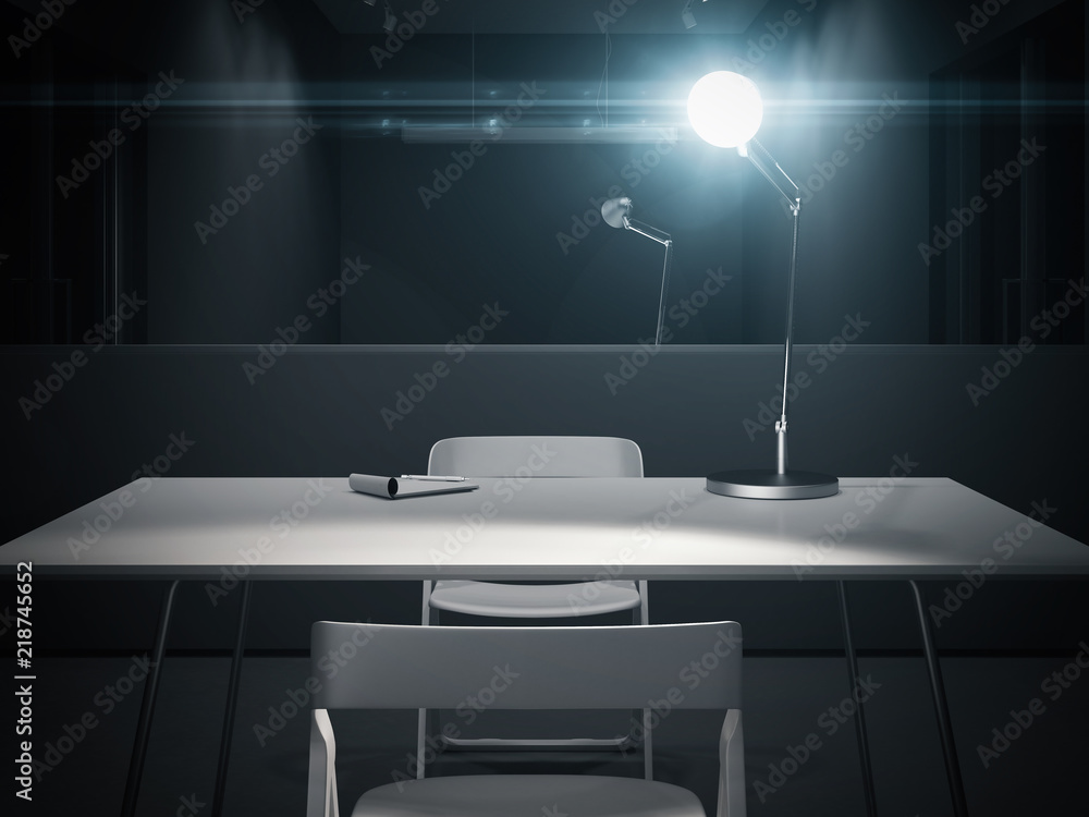 Dark interrogation room with switched-on lamp, 3d rendering. - obrazy, fototapety, plakaty 