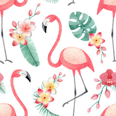 Wall Mural - Watercolor illustrations of flamingos, tropical flowers and leaves. Seamless tropical pattern