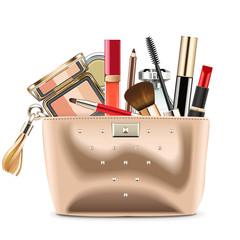 vector golden cosmetic bag with cosmetics