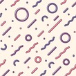 Diagonal seamless pattern with squiggles or rings, curved lines and dots on light background. Cool vector illustration in retro 1990s style for wrapping paper, wallpaper, fabric print, backdrop.