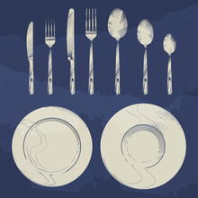 Vintage Knife, Fork, Spoon And Dishes In Sketch Engraving Style. Cutlery Set Design