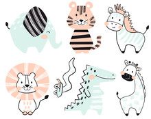 Crocodile, Elephant, Tiger, Zebra, Lion, Giraffe, Snake Baby Cute Print Set.