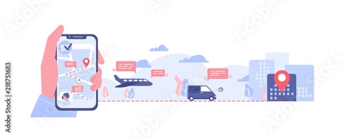 Fotografía Horizontal banner with hand holding smartphone with map on screen, various types of transport and location mark