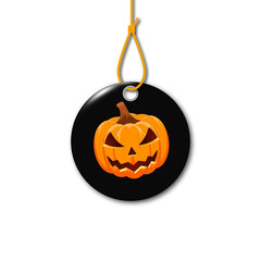 Sticker - Happy Halloween. Black tag on the rope with orange pumpkin. Vector illustration.