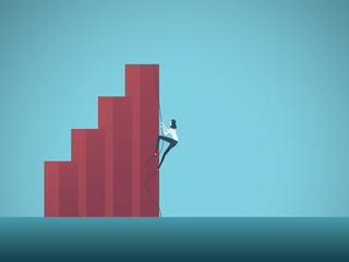 Wall Mural - Business growth and ambition vector concept. Businesswoman climbing on top of column chart. Symbol of progress, success, motivation, achievement.